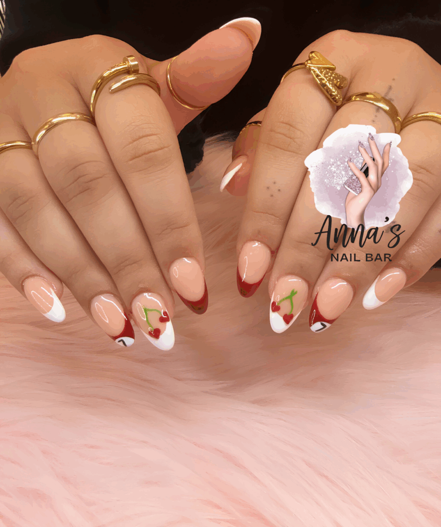French manicure met kersen nail art, gezet bij Anna’s Nail Bar in Vlissingen